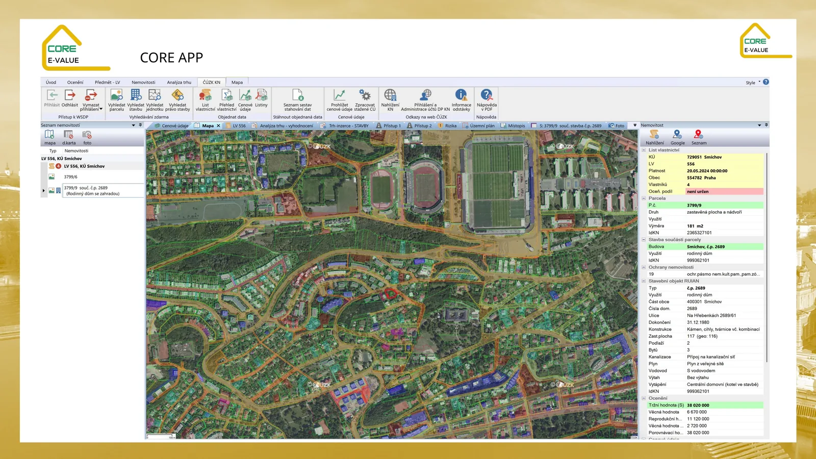 CORE application environment with a cadastral map and property data card