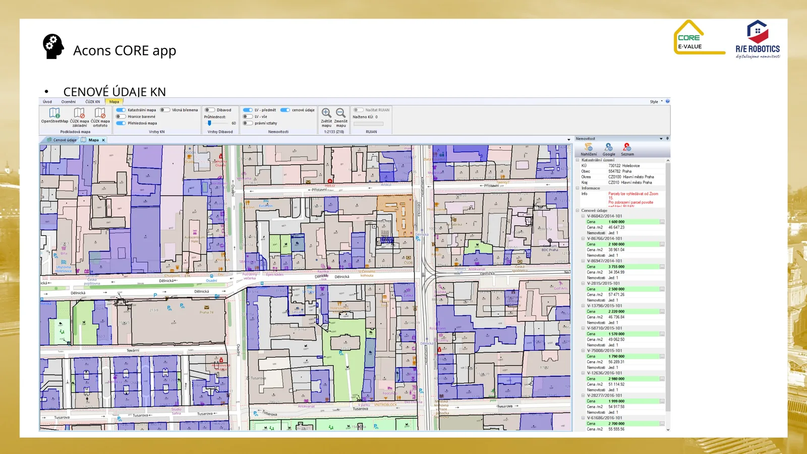 Display of real estate cadastre price data on a map in the CORE application